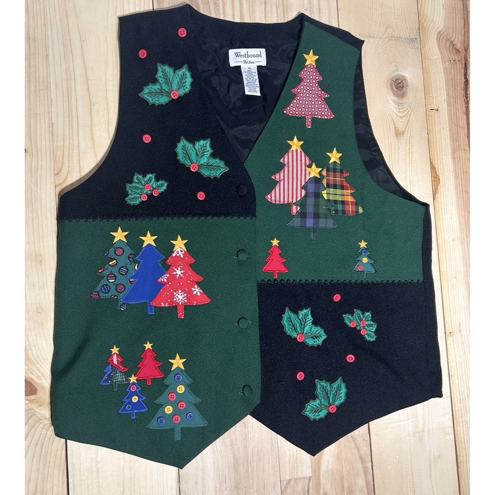 Westbound Petites Christmas Vest  Trees Holly Women's PL‎ Holidays Green/Black